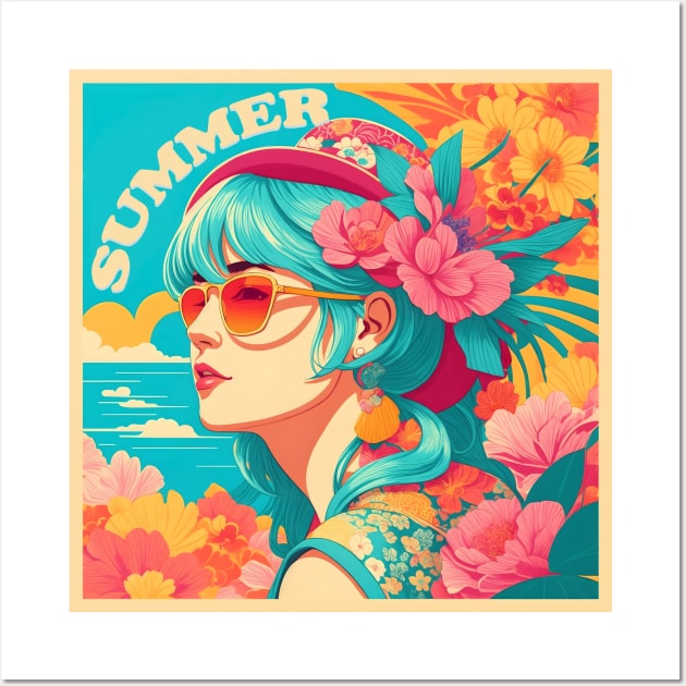 vintage pop-art Summer girl on flower beach Wall Art by JulenDesign